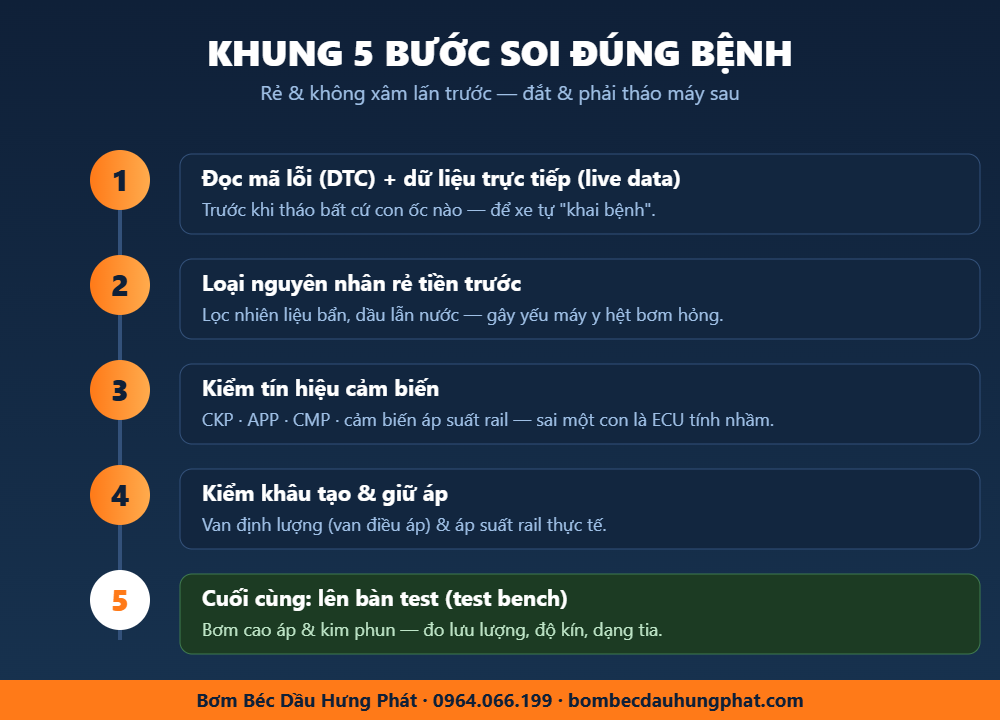 Khung 5 bước chẩn đoán lỗi Common Rail — Bơm Béc Dầu Hưng Phát